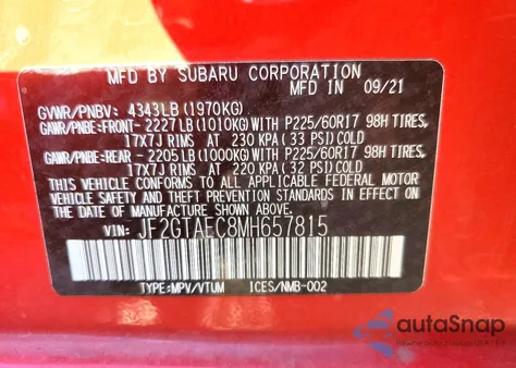 2021 Subaru Crosstrek Premium z USA, uszkodzony, nr VIN JF2GTAEC8MH657815